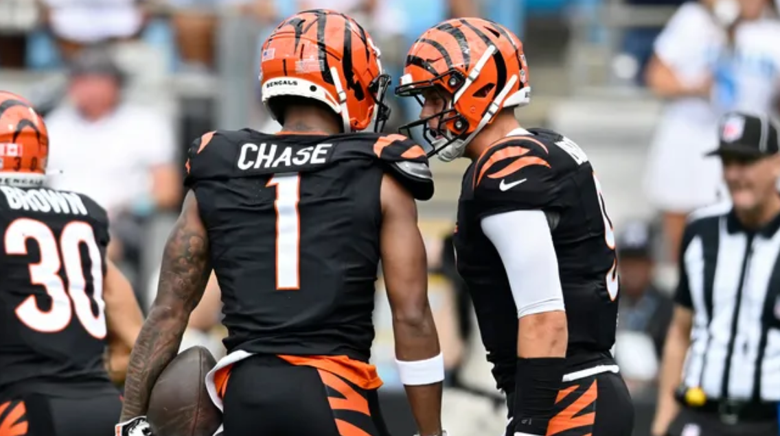 Ja’Marr Chase and Joe Burrow talk during the Bengals game against the Carolina Panthers in week 4 (Creative Commons). 
